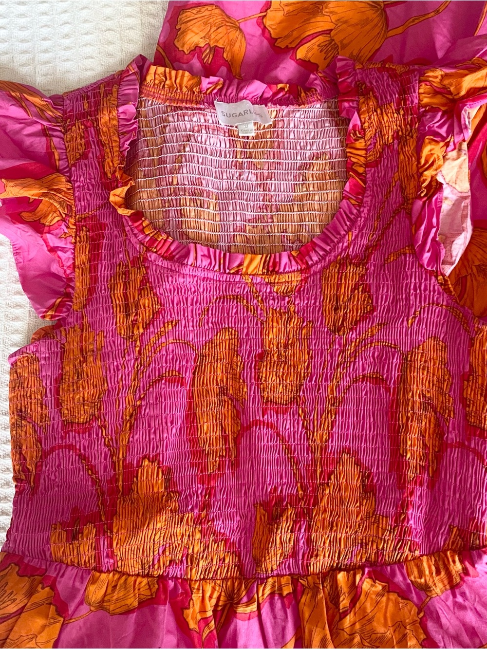 Sugarlips Hot Pink & Orange Floral Smocked Dress Medium - Picture 2 of 9